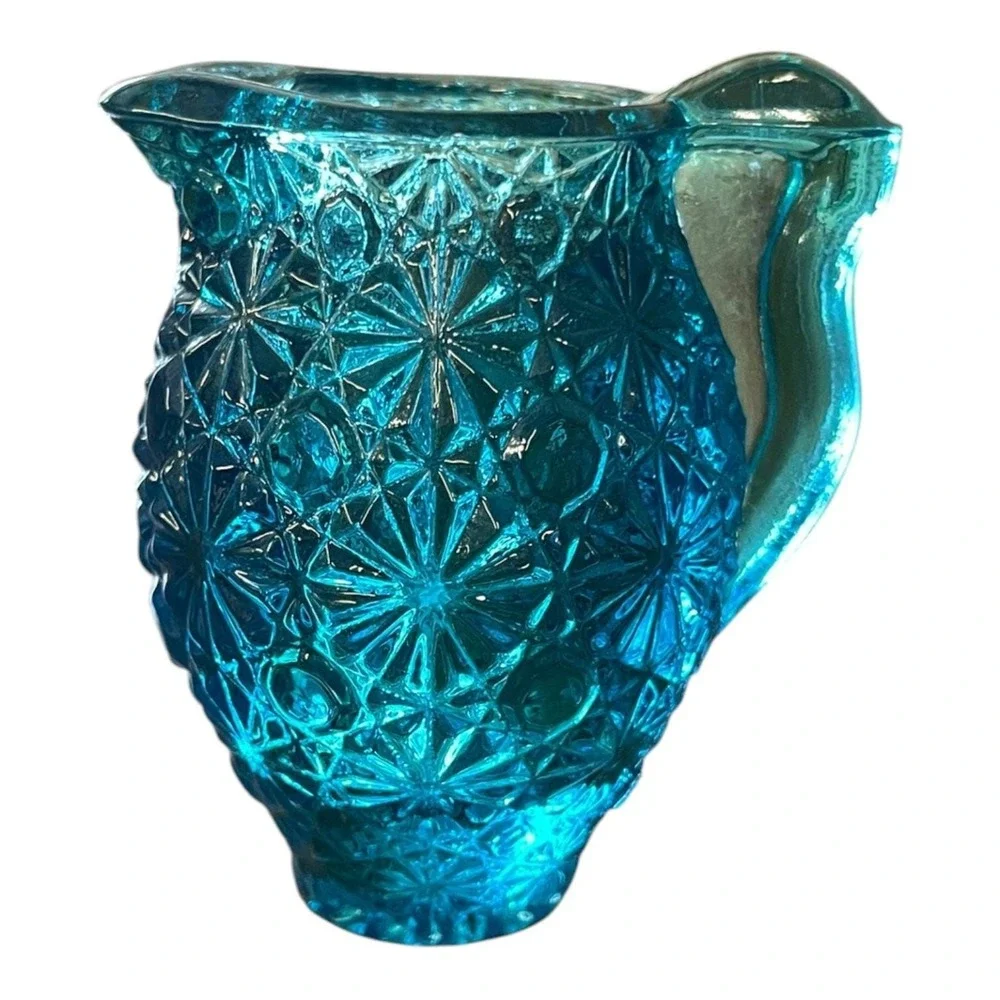 Vintage Teal Blue Pressed Glass Creamer Pitcher Vase Starburst Pattern 3